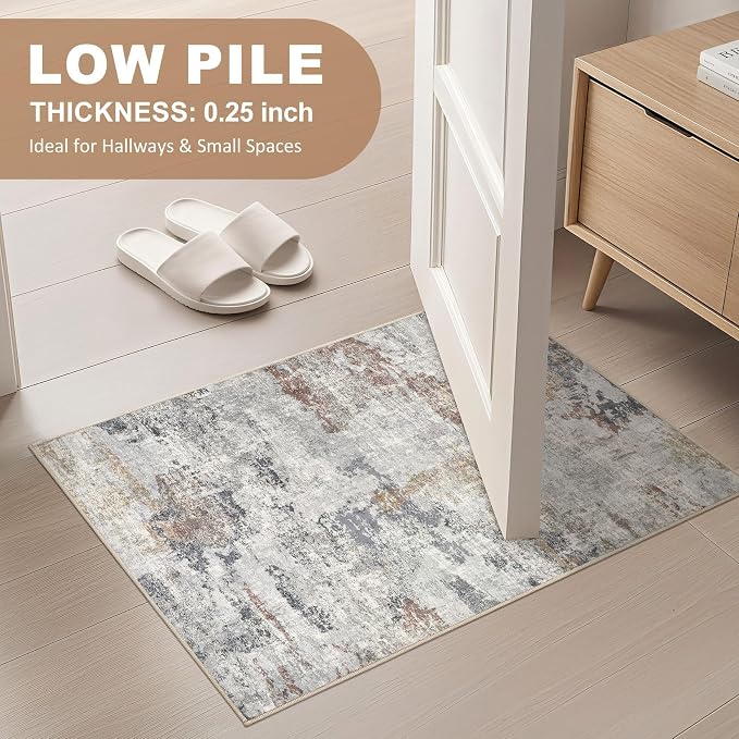 DMOYEST 2x3 Small Area Rug - Washable & Non Slip Indoor Entryway Rug, Low Pile Front Door Mat, Kid & Pet Friendly Carpet for Living Room, Kitchen and Bathroom - Grey/Orange/Yellow
