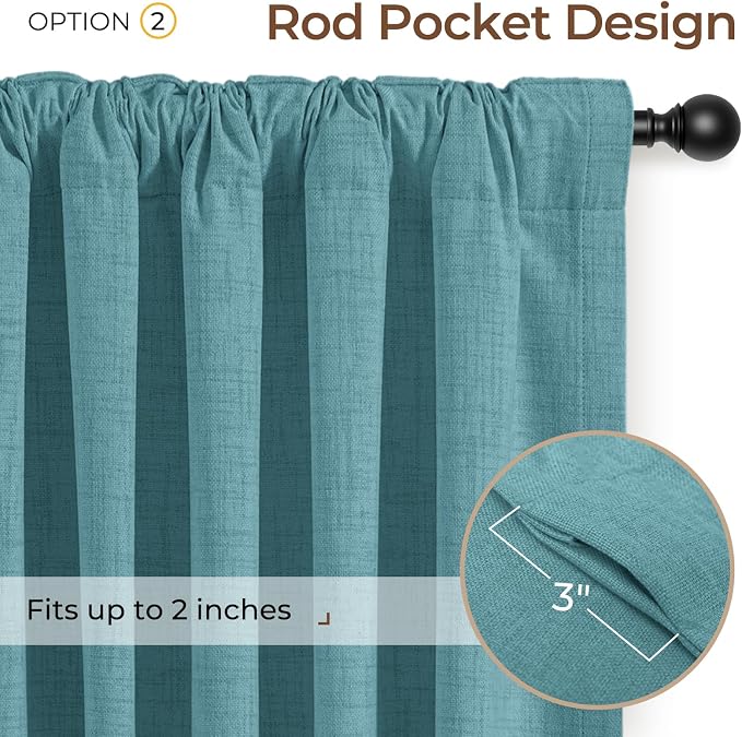 INOVADAY 100% Blackout Curtains 90 Inches Length 2 Panels Set, Back Tab/Rod Pocket Linen Black Out Curtains for Bedroom, Thermal Insulated Window Drapes - Teal, W50 X L90