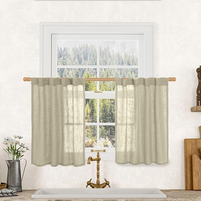 LAMIT Short Linen Curtains 30 Inch Length for Cafe, Semi Sheer Light Filtering Panels Back Tab and Rod Pocket Room Decor Drapes for Basement/Small Window, Oatmeal, 2 Panels, 34 x 30 Inch
