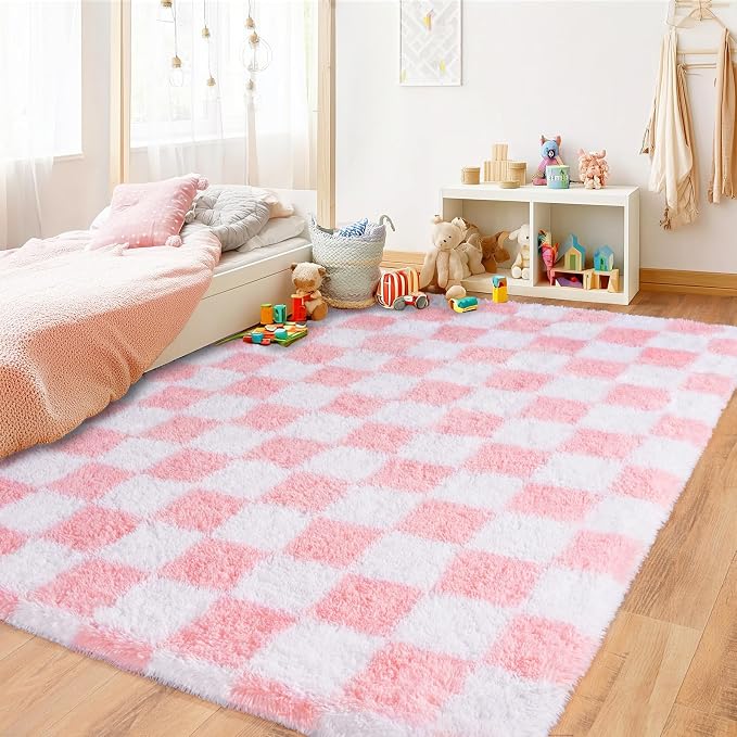 Pionblank Fluffy Area Rug for Bedroom 5x7, Modern Indoor Shag Carpet, Soft Plush Non Slip Checkered Rugs for Living Room Kids Room Home Decor, Pink and White