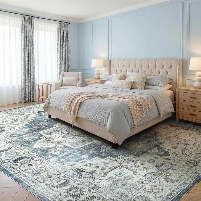 Lessymo Washable Area Rug for Living Room,10x14 Large Rugs with Non-Slip Backing,Soft Boho Carpets for Bedroom Dining Room Nursery Home Office,Blue Grey/Beige