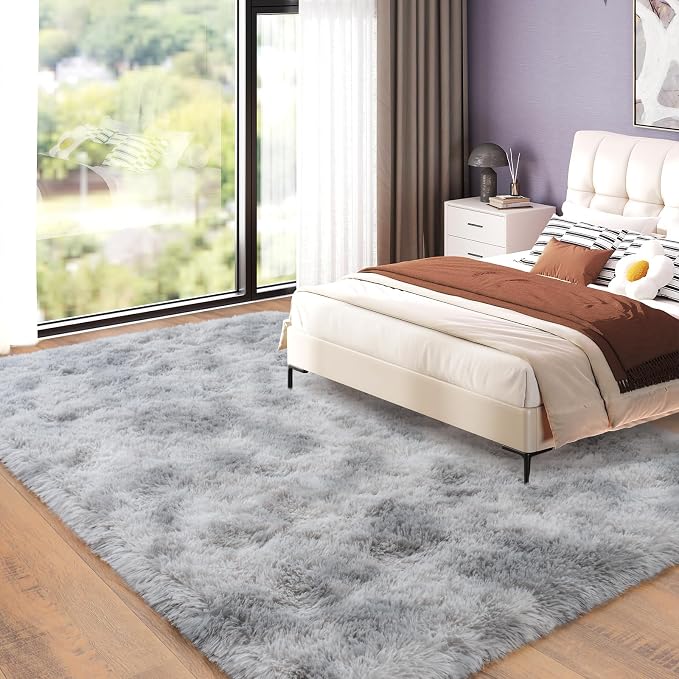 Dssimo 9x12 Area Rugs for Living Room, Gray Tie-Dyed Plush Fluffy Carpet | Upgrade Non-Slip Thick Large Gray Shag Rugs for Bedroom Nursery Kids Room Dorm Room Home Decor, Indoor Plush Floor Carpet