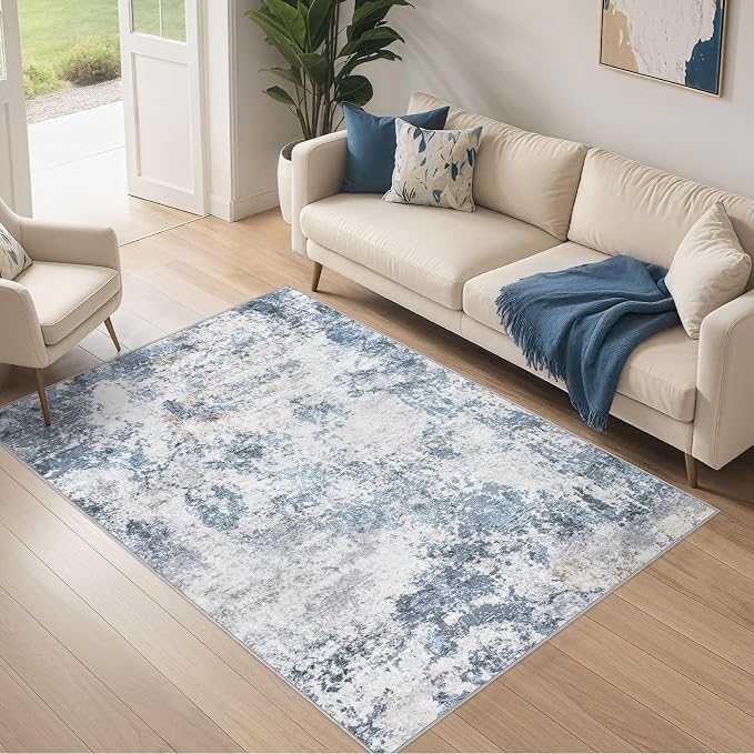 DMOYEST 4x6 Area Rug - Washable & Non Slip Indoor Rug for Living Room, Ultra Soft Abstract Low Pile Carpet, Kid & Pet Friendly Neutral Decor for Bedroom - Blue