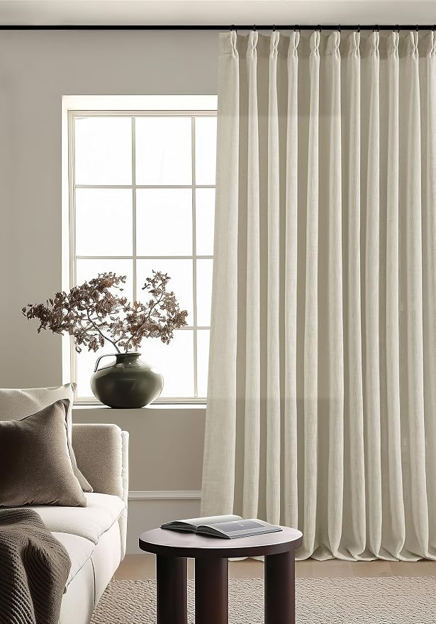 Pinch Pleat Extra Wide Beige Linen Curtain 120 Inches Long 70 Wide 1 Panel | for Patio Sliding Door Living Room, Pinch Pleat with Hooks Rings, Room Divider, Light Filtering Semi Sheer Privacy W70xL120