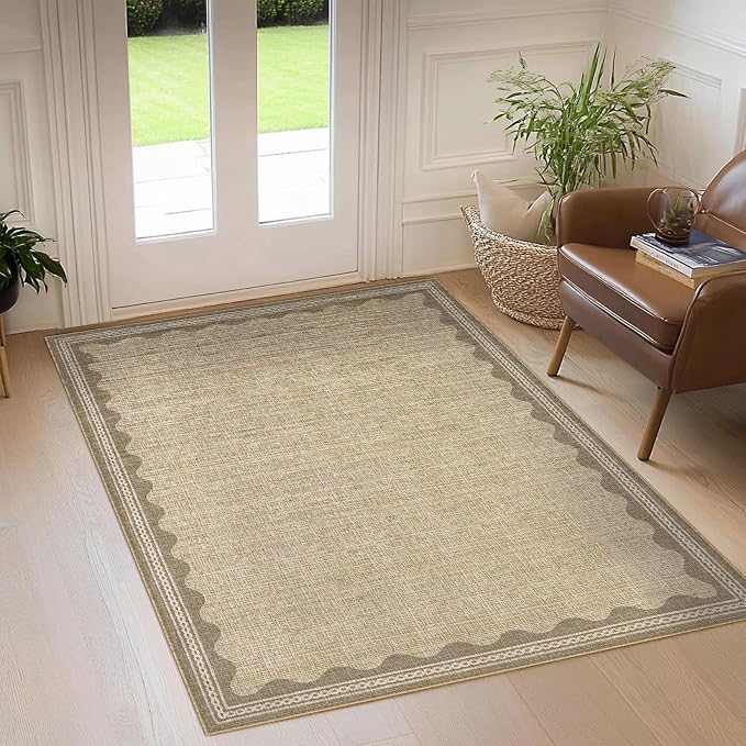3x5 Scalloped Area Rugs Jute Washable Entryway Bedroom Rug | Solid Tan Rug for Bedroom Girls, Non Slip Throw Carpet With Rubber Back, Soft Dorm Nursery Scalloped Rugs for Dining Room