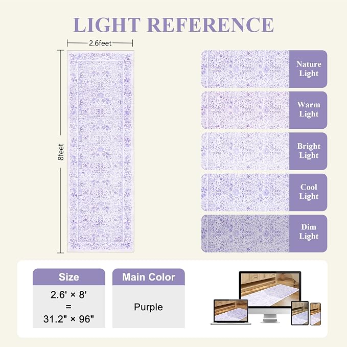 DUKINO 2.6x8 Runner Rug, Washable Vintage Floral Kitchen Rug, Purple | Non Slip, Low Pile, Non-Shedding, Stain Resistant, Soft Throw Carpet Runner for Hallway Bathroom Laundry Entryway Farmhouse