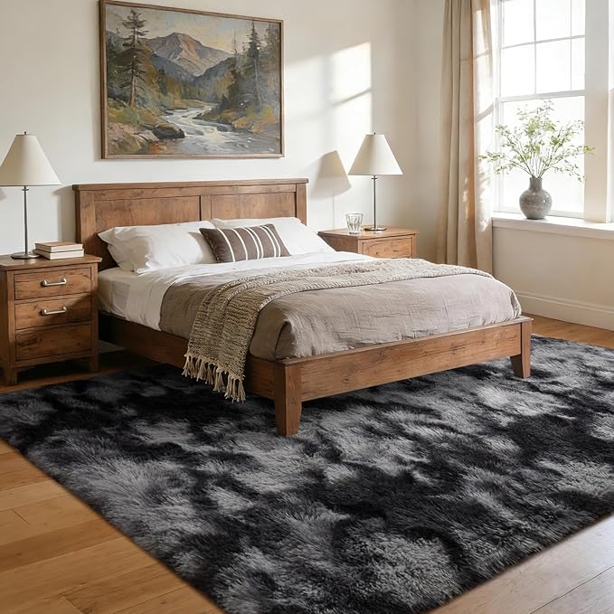 5x7 Area Rugs for Living Room Decor, Non-Slip Shaggy Tie-Dyed Rugs for Bedroom Kids Playroom Dorm Room, High Pile Ultra Soft Carpet, Dark Grey