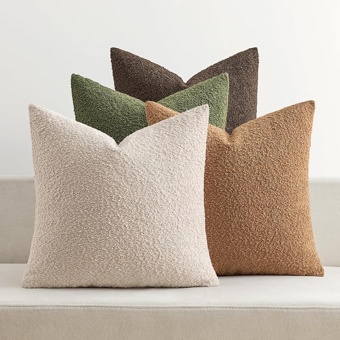 MIULEE Decorative Boucle Throw Pillow Covers 18x18 Green Brown Set of 4 | Textured Accent Pillow Cases Soft Couch Cushion Covers for Modern Farmhouse Boho Sofa Bed Livingroom Home Decor