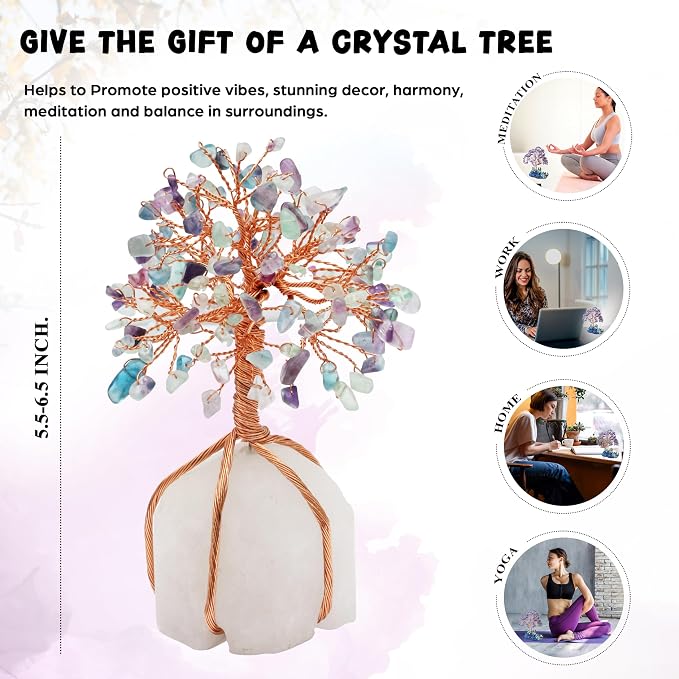 Crocon Fluorite Crystal Tree of Life - Natural Quartz Stone Base, Gemstone for Positive Energy, Feng Shui Decor - Chakra, Copper Wire Money Bonsai, Healing Stones, Luck Gem - Spiritual Gift