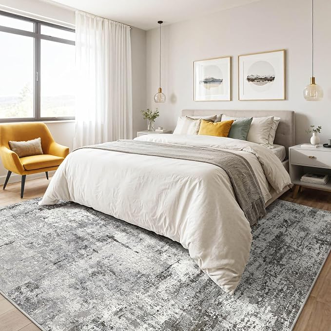5x7 Area Rugs Living Room: Washable Large Abstract Neutral Modern Soft Gray Rug Stain Resistant Indoor Floor Non-Slip Accent Carpet for Bedroom Nursery Playroom Office Dining Room Home Decor