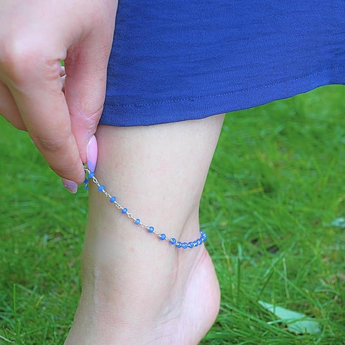 Dainty Gemstone Anklet for Women – 10 Inch Adjustable Anklet with 1 Inch Extender, Gold or Silver Plated Foot Jewelry, Minimalist Boho Style Gift
