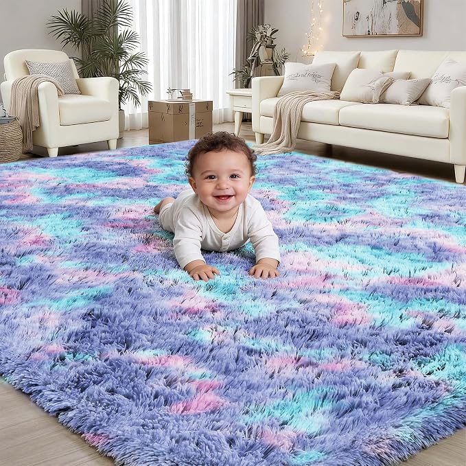 Rainbow Fluffy Rugs for Girls Bedroom: 9x12 Large Shag High Pile Area Rug Upgrade Non-Slip Plush Fuzzy Living Room Rug Shaggy Soft Indoor Floor Carpet Nursery Rugs for Kids Baby Toddler Home Decor