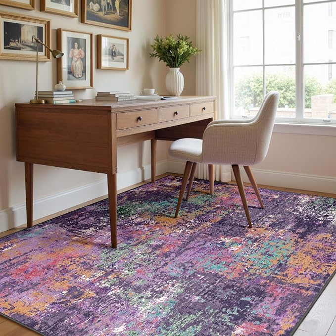 RELEANY Washable Area Rugs 4'x6' Non-Slip Modern Abstract Soft for Living Room Entryway Bedroom Kitchen, Print Pattern, Purple Orange Blue Green Rust Red Colorful