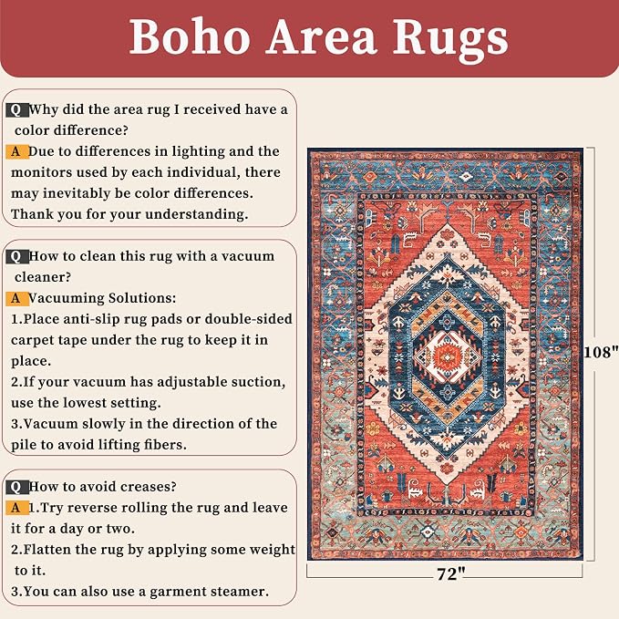 SERISSA Washable Rugs 6x9 Area Rugs, Large Non-Slip Boho Living Room Rust Rug, Ultra Soft Vintage Print Distressed Oriental Tribal Farmhouse Carpet for Dining Room Bedroom Dorm Office Home Decor