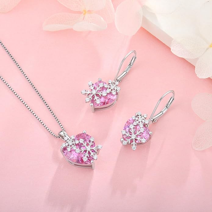 Snowflake Necklace for Women 925 Sterling Silver Heart Birthstone(White/Aquamarine/Sapphire/Pink) Pendant Necklaces Cubic Zirconia Winter Christmas Jewelry