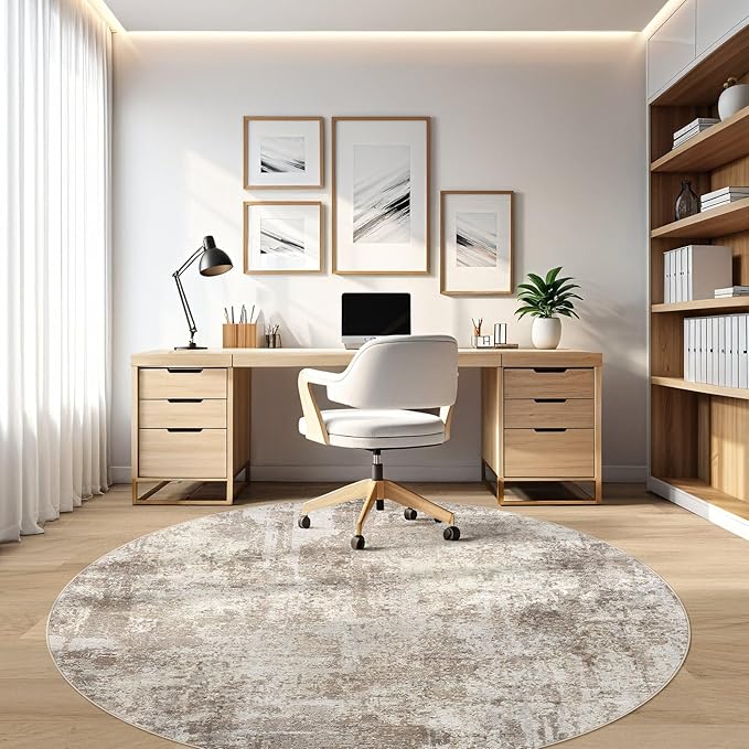 5ft Round Rug Living Room Rugs: 5x5 Washable Circle Abstract Modern Soft Stain Resistant Non-Slip Indoor Floor Carpet for Bedroom Nursery Office Dining Room Playroom Home House- Beige Brown