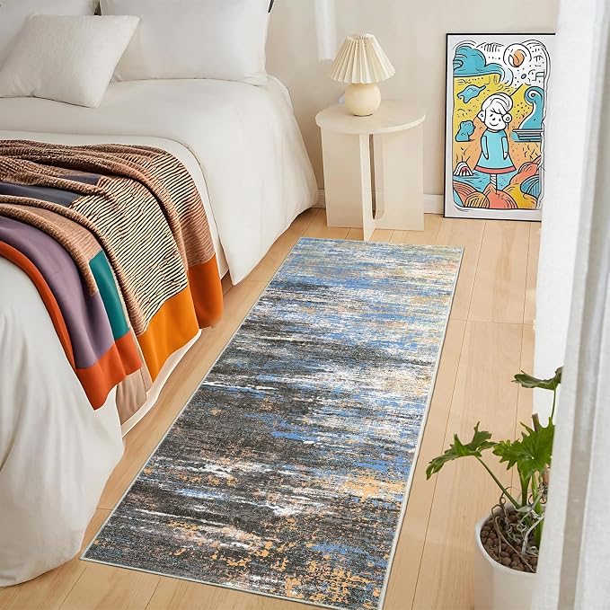 ROYHOME Washable Runner Rug 2x6 Modern Abstract Kitchen Rugs, Non Slip Bathroom Rug, Low Pile Laundry Room Soft Long Carpet for Hallway Bedroom Entryway, Blue/Brown