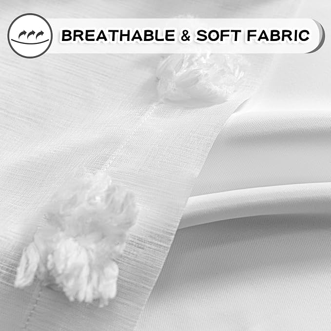 MYSKY HOME White Curtains Extra Long for Living Room and Kids Bedroom with White Pom Pom Sheer 95 Inch Length Back Tab Light Filtering Privacy Protect Window Drapes, W52 X L95, 2 Pieces