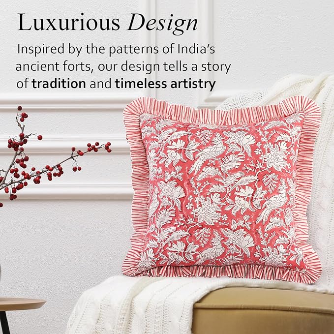 CPC Pink Coral Ruffle Throw Pillow Covers for Couch, 24x24 Inch Cotton Stripe Ruffle Couch Pillows for Living Room, Hidden 20 Inch Zipper Boho Pillow Case or Cute Outdoor Pillows