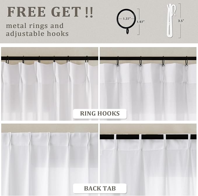 Extra Wide Pinch Pleat 100 x 84 Inch Linen Curtains White Semi Sheer | Light Filtering, Pleated Drape, for Living Room Divider Patio Sliding Door Window Curtains, Floor to Ceiling Curtain, 1 Panel