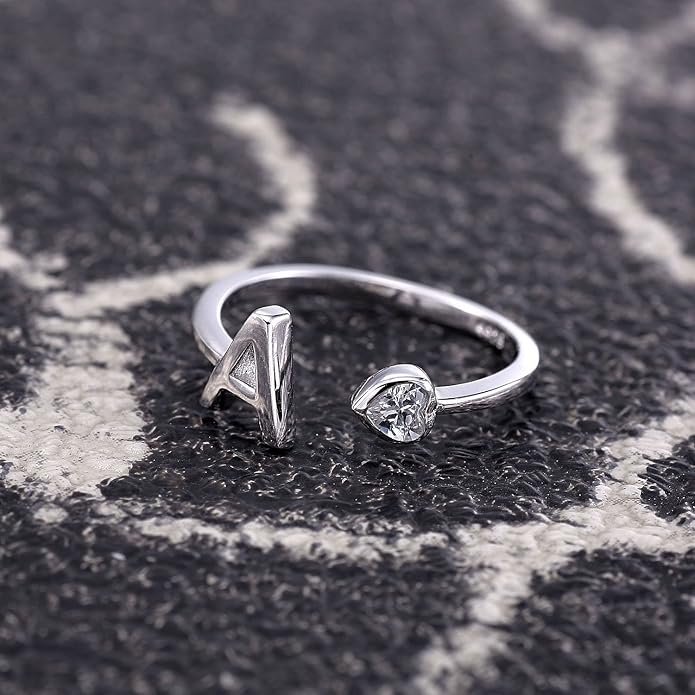 VIKI LYNN 925 Sterling Silver Rings Size 4.5 Adjustable Initial Letter Ring with Cubic Zirconia-Personalized Gifts for Women