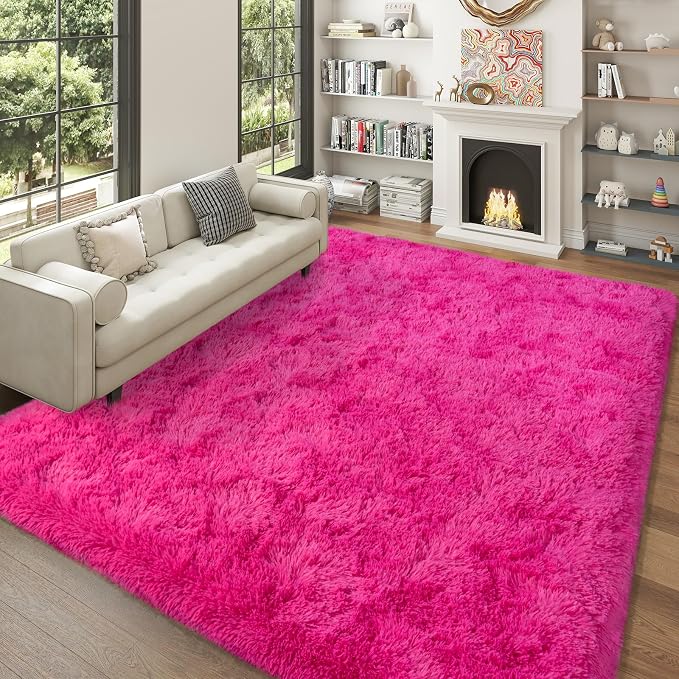 Dssimo Hot Pink Rugs for Living Room Bedroom, 6x9 Shaggy Area Rug | Large Plush Furry Upgrade Non-Slip Pink Area Rug for Nursery Kids Room Dorm Room Home Decor, Modern Indoor Floor Carpet