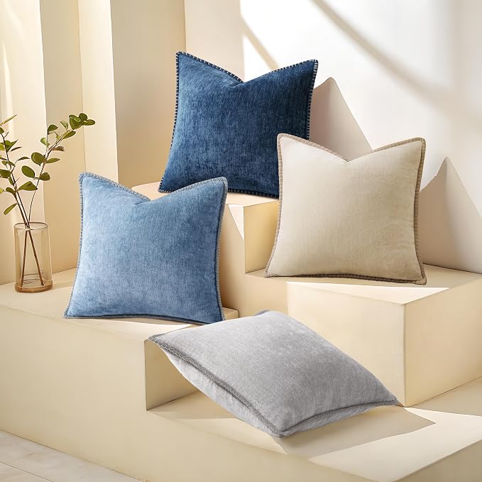 decorUhome Fall Soft Decorative Chenille Throw Pillow Covers 16x16 Set of 4 | Beige Blue Cozy Decorative Modern Farmhouse Neutral Pillow Cases with Stitched Edge for Couch Sofa Bed Living Room Home Decor