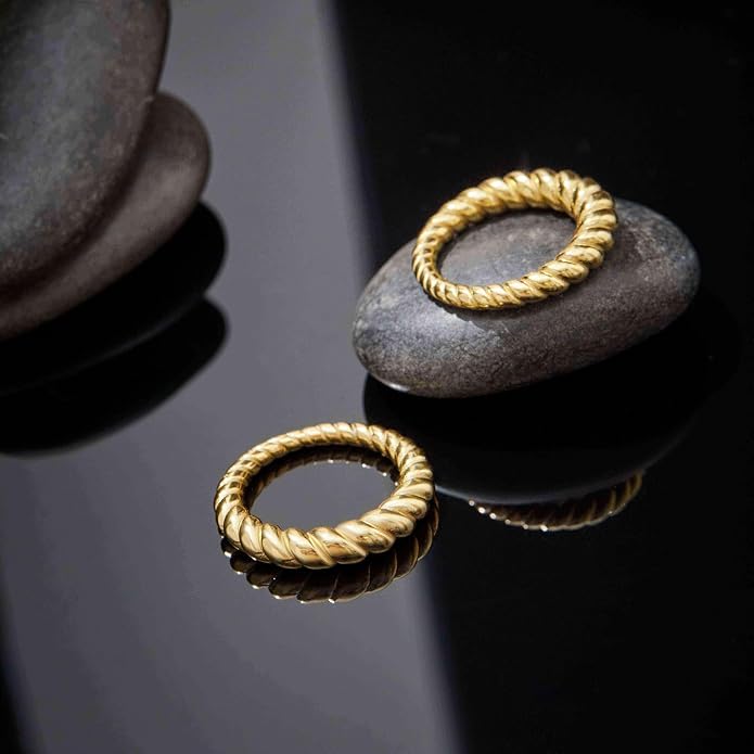 Non Tarnish Gold Chunky Rings for Women, 14K Gold Plated Statement Dome Rings Stacking Silver, Adjustable Mens Eternity Wedding Band Mixed Metal Jewelry Size 3-13