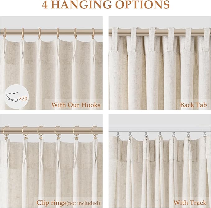Natural Cream Pinch Pleat Linen Curtains 45 Inch Long for Kitchen Pleated with Hooks Back Tab Light Filtering Boho Farmhouse Short Semi Sheer 45 Inch Cafe Curtain for Dining Room RV Small Window