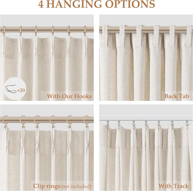 Aersas Natural Pinch Pleat Linen Curtains 54 Inch Length 2 Panels Set for Bedroom Dining Room Semi Sheer Linen Boho Farmhouse Neutral Window Curtains 54 Inches Long for Living Room Nursery 50x54