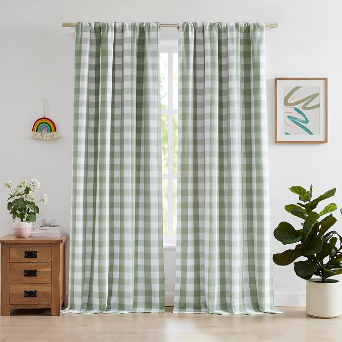 Sage Green Buffalo Plaid Full Blackout Window Curtains 90 Inch | Rustic Cozy Drapes for Bedroom Living Room,Noise Reducing Window Treatment,Rod Pocket Back Tabs,52"Wx90"Lx2