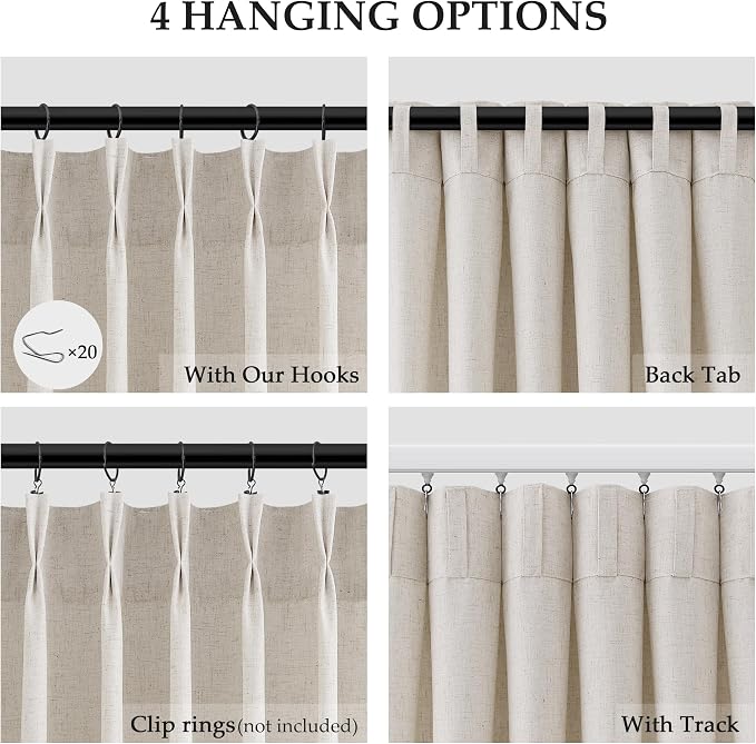 Mousse White Pinch Pleated Linen Curtains 96 Inches Long for Living Room Bedroom Light Filtering Boho Farmhouse Drape 96 inch 2 Panels with Hooks Rings 8ft Sliding Glass Door Semi Sheer Window Curtain