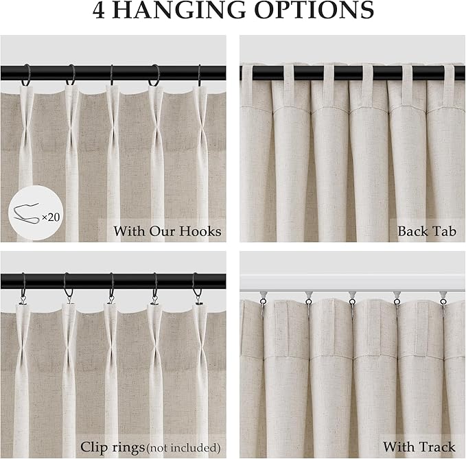 Mousse White Linen Pinch Pleated Semi Sheer Curtains 90 Inches Long for Living Room Bedroom Light Filtering Natural Textured Burlap Drapes 90 Length Hooks Rings Back Tab for Sliding Door 2 Panels