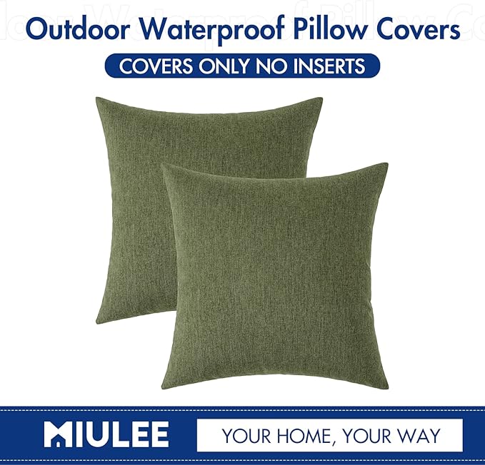 MIULEE Pack of 2 Decorative Outdoor Solid Waterproof Throw Pillow Covers Faux Linen Garden Farmhouse Cushion Cases for Patio Tent Balcony Couch Sofa 16x16 Inch Dark Green