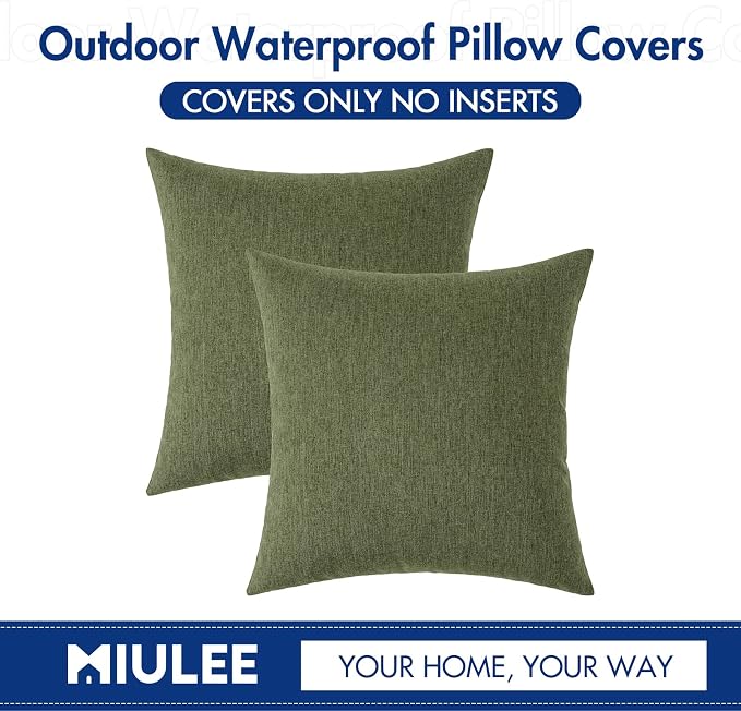 MIULEE Pack of 2 Decorative Outdoor Solid Waterproof Throw Pillow Covers Faux Linen Garden Farmhouse Cushion Cases for Patio Tent Balcony Couch Sofa 20x20 Inch Dark Green