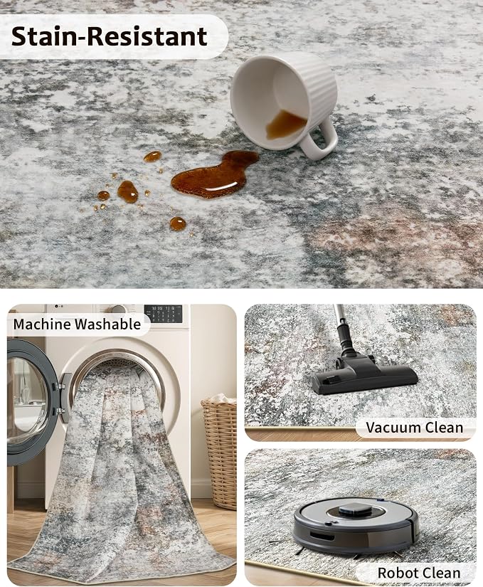 Art&Tuft 9x12 Area Rug - Abstract Large Area Rugs with Anti-Slip Backing, Stain Resistant Area Rugs 9x12 Living Room, Foldable Machine Washable Area Rug(9'x12', Grey/Rust)