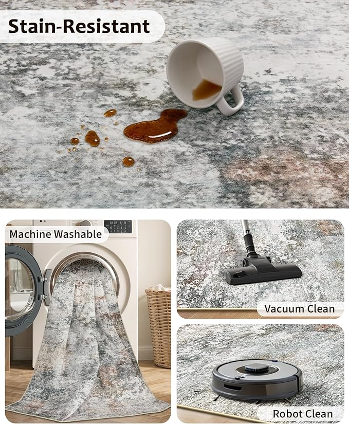 Art&Tuft Washable Rug 6x9, Anti-Slip Backing Abstract Area Rugs, Stain Resistant 6x9 Rugs for Living Room, Foldable Machine Washable Area Rug(6'x9', Grey/Rust)