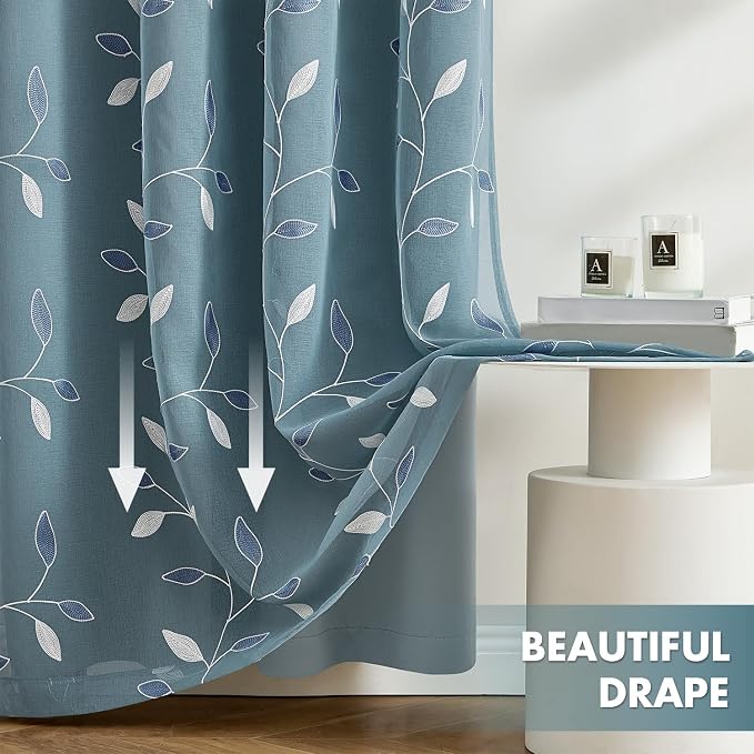 MIULEE Dusty Blue Double Layer Curtains 96 Inches Long, Leaf Patterned Sheer Floral Drapes and Blackout Room Darkening Window Curtains for Living Room Bedroom, Grommets Top, 52" W x 96" L, 2 Panels