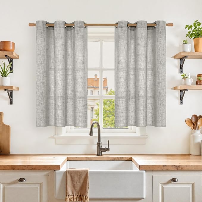 YoungsTex Short Linen Curtains 40 Inches Long, Dark Grey Drapes Light Filtering with Bronze Grommet Privacy for Bedroom Living Room, 2 Panels, 42 X 40 Inch