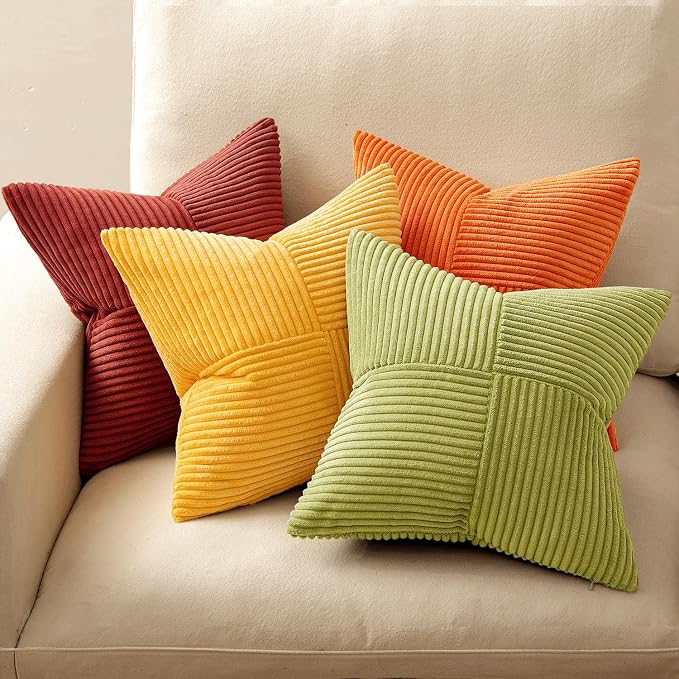 MIULEE Fall Burnt Orange Decorative Throw Pillow Covers 20x20 Inch Set of 4 Boho Color-Clash Cushion Covers Modern Farmhouse Pillow Cases Corduroy Striped Home Decor for Couch Sofa Bed