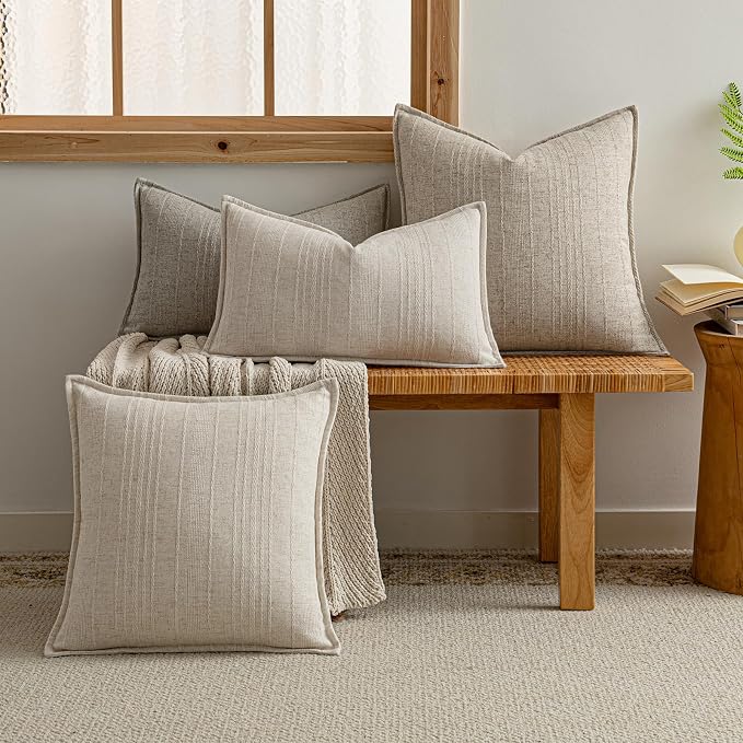 a moment Linen Pillow Covers Set of 2,Boho Farmhouse Throw Pillowcases Neutral Textured Decorative Covers for Couch Sofa,Linen Blend Accent Case Cushion Living Room Home Decor 26"x26" Ivory