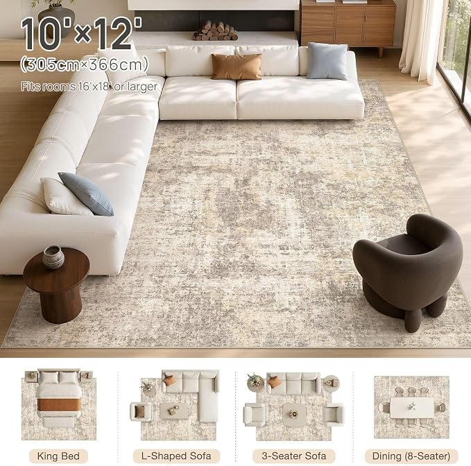 cotiled Washable Area Rug 10x12, Non-Slip Soft Neutral Rug for Living Room | Modern Abstract Carpet, Stain Resistant and Kid & Pet Friendly, Ideal For Bedroom, Dining Room, Nursery, Home Office - Beige