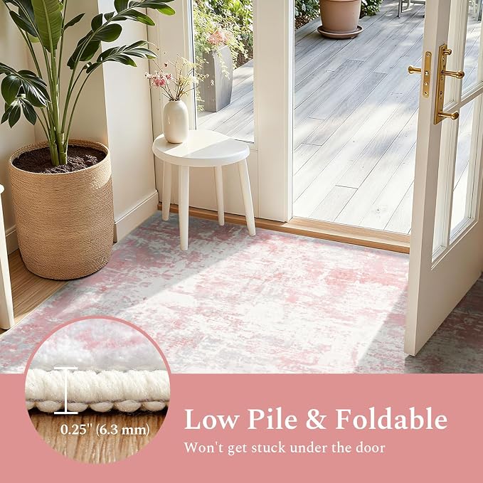 Rugflix 5x7 Area Rugs for Living Room, Washable Large Rug Stain-Resistant Low Pile, Modern Carpet for Dining Room Home Office Kid Room Nursery Bedroom, Pink Grey