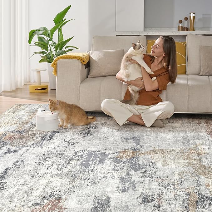 DMOYEST 10x14 Area Rug for Living Room, Washable & Non Slip Large Indoor Carpet, Kid & Pet Friendly Soft Thin Low Pile Abstract Rug for Bedroom and Office - Grey/Orange/Yellow