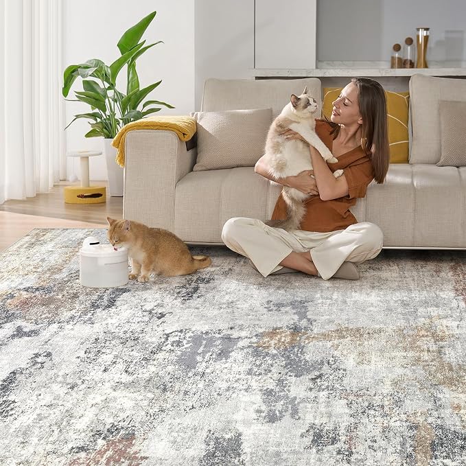 DMOYEST 7x9 Area Rugs for Living Room, Washable Large Abstract Rug, Non Slip Low Pile Indoor Carpet, Kid & Pet Friendly Neutral Modern Rugs for Bedroom Dining Room - Grey/Orange/Yellow