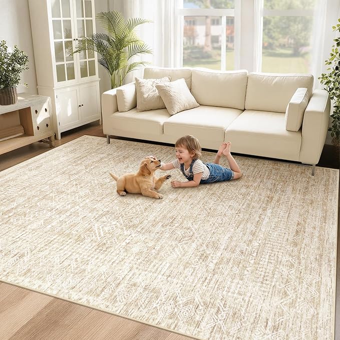 6x9 Area Rugs for Living Room: Washable Moroccan Geometric Boho Rug Farmhouse Non Slip Stain Resistant Large Rug Low Pile Soft Carpet for Bedroom Dining Room Home Office Children Room (Beige,6'x9')