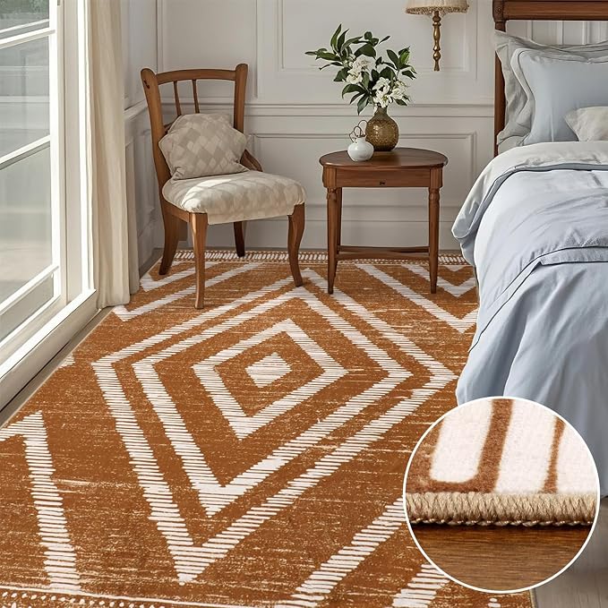 Boho Area Rugs 4x6ft Non Slip, Brown Washable Rug for Living Room, Soft Bedroom Carpet, Low Pile Moroccan Area Floor Carpets for Dining Room Kids Nursery Farmhouse