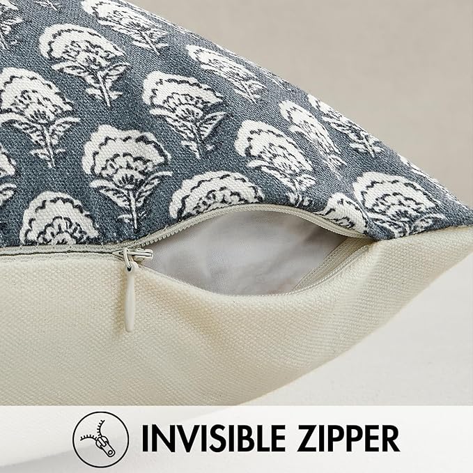 MIULEE Set of 2 Decorative Floral Pillow Covers Neutral Vintage Throw Pillows Block Print Boho Farmhouse Cushion Covers for Modern Spring Home Decor Couch Sofa Bed Living Room, 22x22 Inch, Dusty Blue