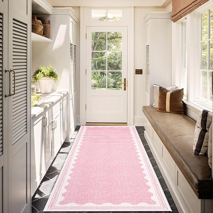 GarveeHome 2x6 Runner Rug for Hallway Washable Kitchen Rugs Non Slip Solid Pink Modern Minimalism Soft Low-Pile Scalloped Indoor Carpet for Entryway Laundry Room Floor Mats with Rubber Back