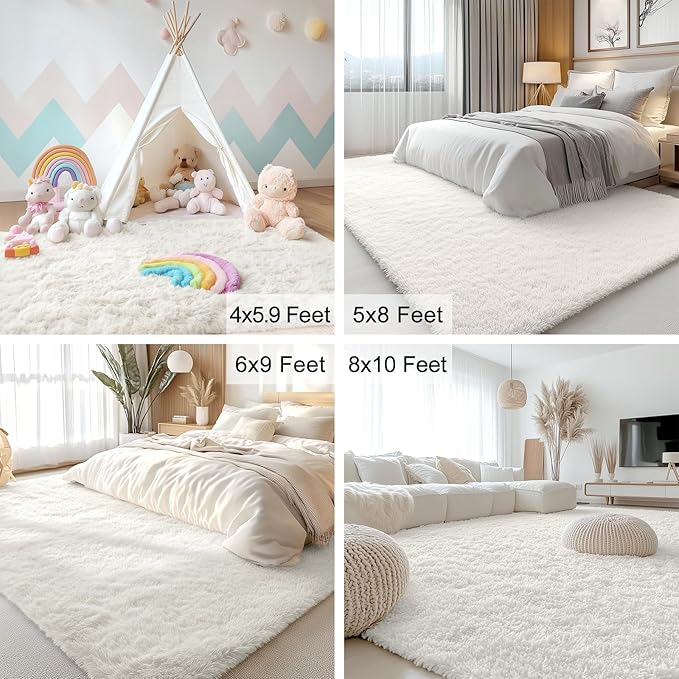 OLANLY 6x10 Machine Washable Large Area Rugs for Living Room, Bedroom, Soft Fluffy Shaggy Bedside Rug, Indoor Floor Carpet for Kids Girls and Boys, Dorms, Nursery, Home Decor Aesthetic, Ivory